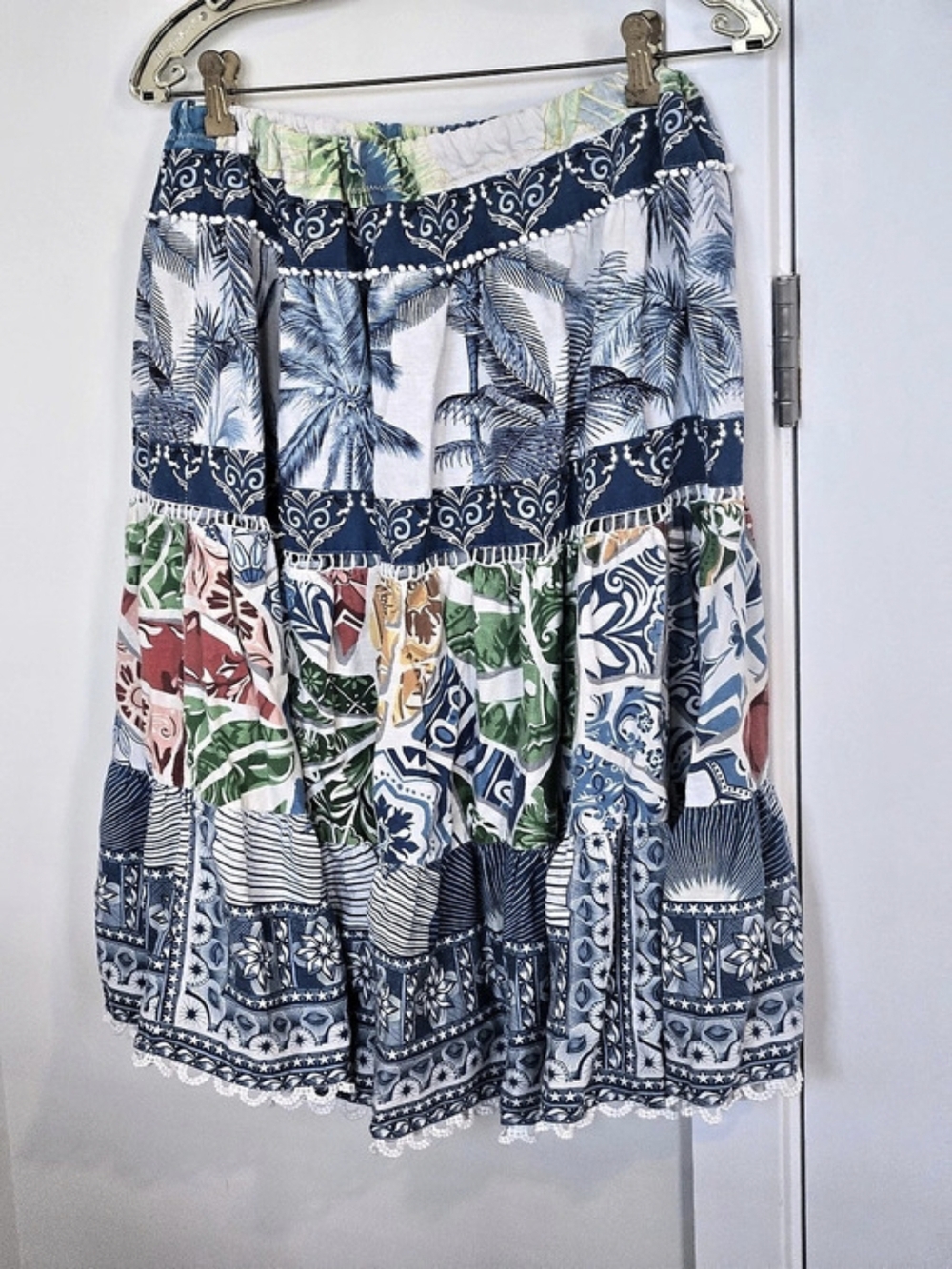 Farm Rio Patchwork Maxi Skirt in Blue & Green Size Small fits like medium
